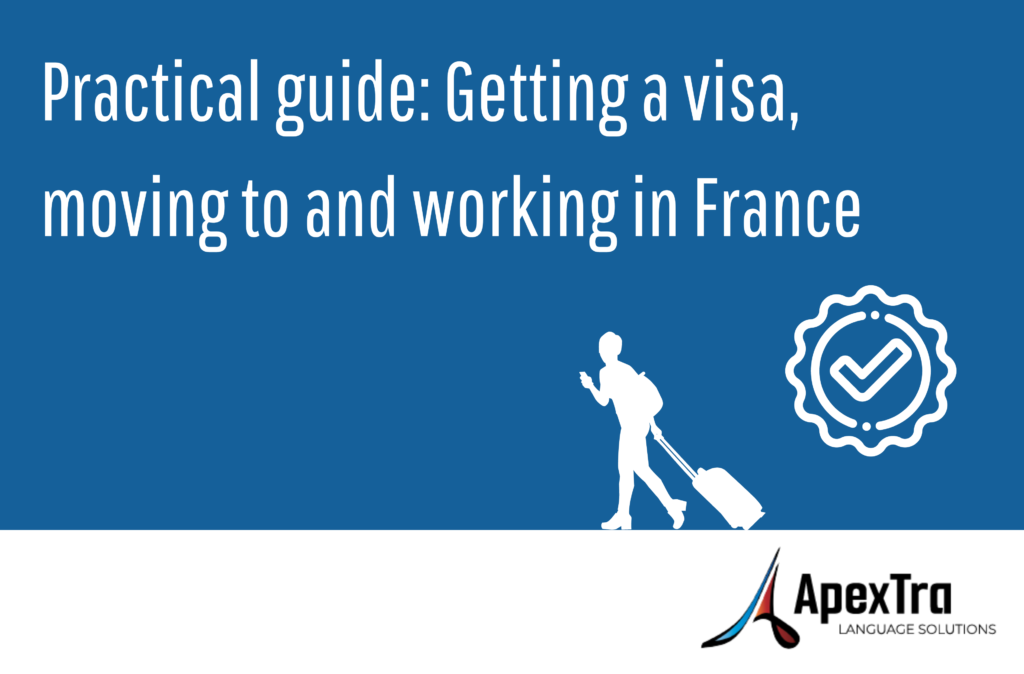 Practical guide: visas, settling, and working in France. Young person, mobile in hand and dragging a suitcase. Apextra Language Solutions.