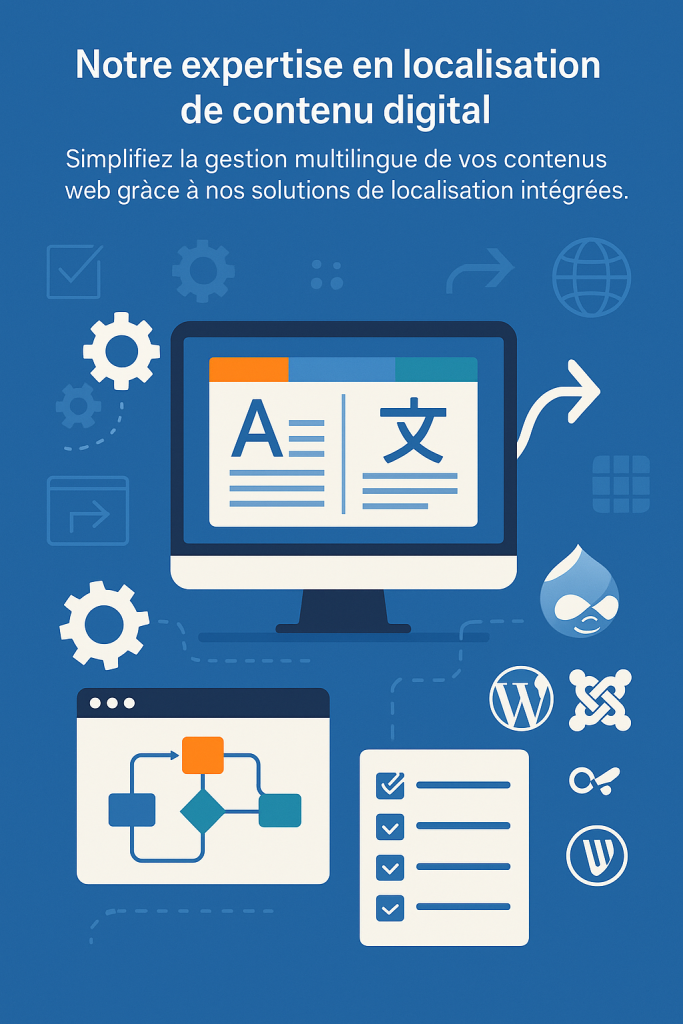 Ordinateur avec des engrenages, flux de travail, checklist et logos de CMS Drupal, WordPress…